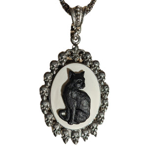 Black Cat in Skull Frame Steel Chain Necklace