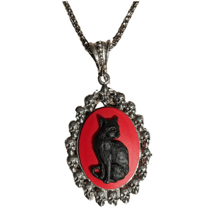 Black Cat in Skull Frame Steel Chain Necklace