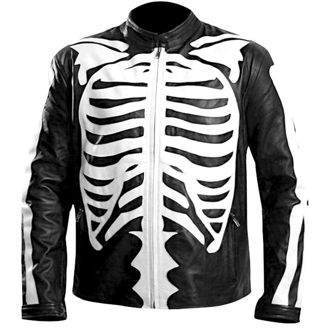 Skeleton Bones White on Black Leather Jacket-front