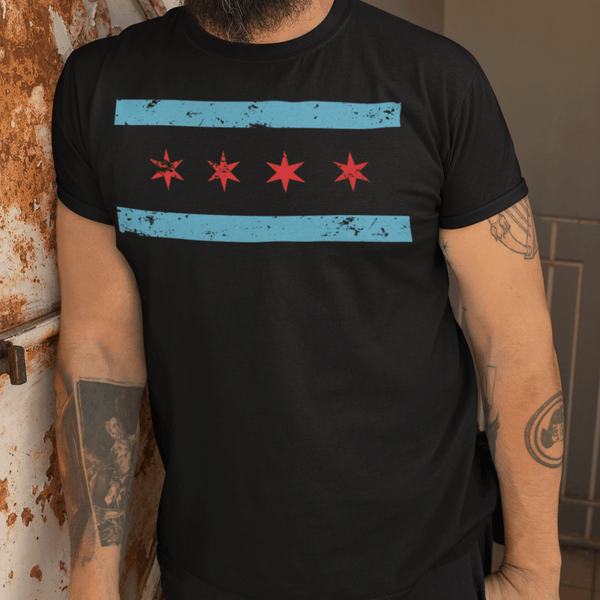 Chicago Flag - Distressed - Chicago Skyline - T-Shirt