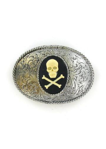 Belts & Buckles - Oval Western Style Skull & Crossbones Cameo Belt Buckle