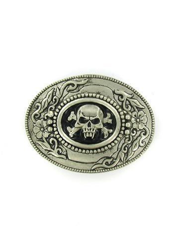 Belts & Buckles - Vampire Skull And Crossbones Antiqued Oval Belt Buckle